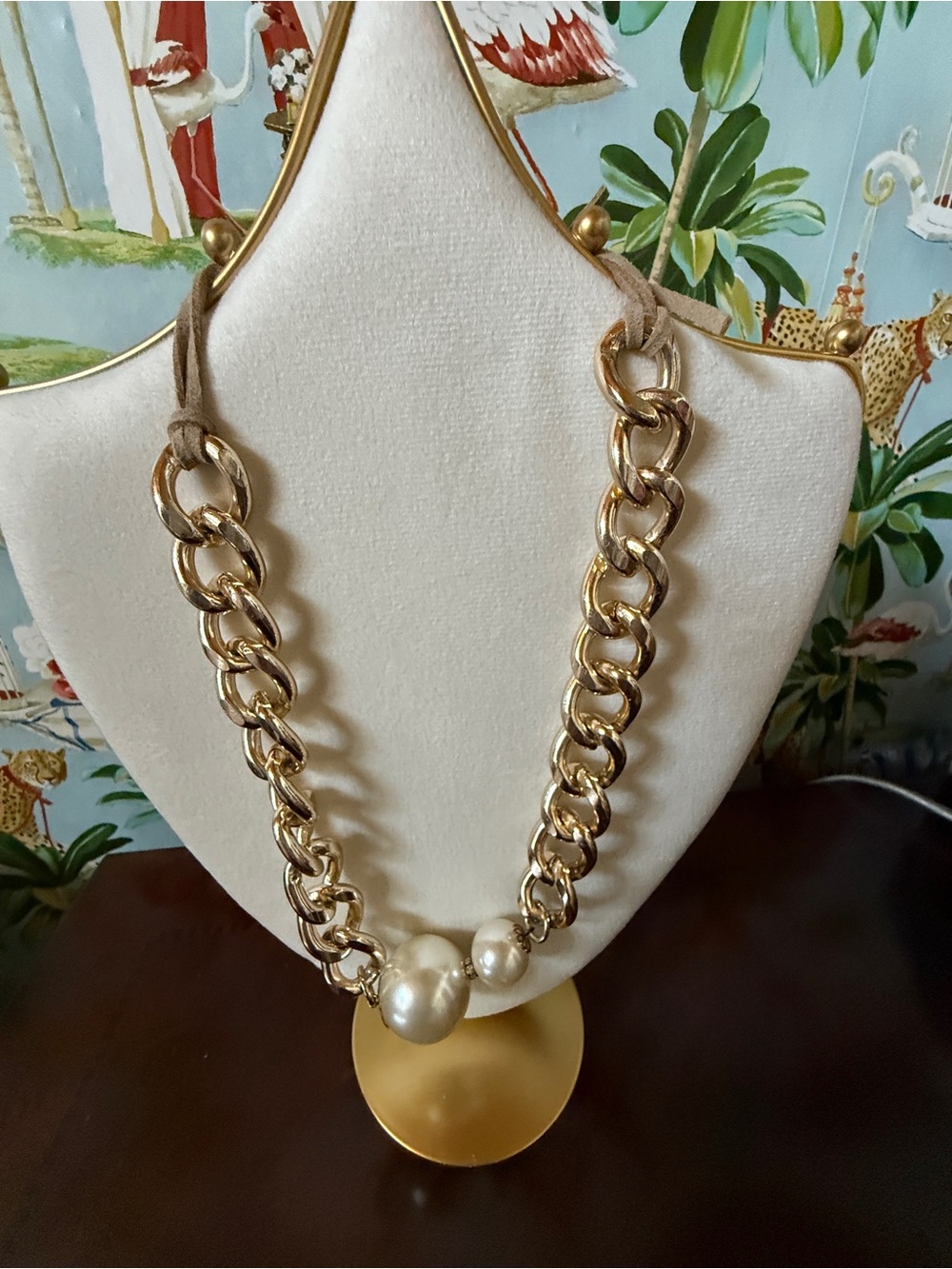 Chunky Gold Chain and large Faux Pearl(2) Leather Tie Necklace